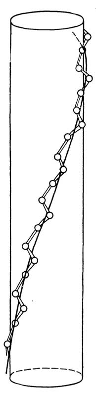Рис. II.15. Схема спирали коллагена. Кружочками обозначены аминокислотные остатки, образующие левую спираль, которая в свою очередь закручивается в правую суперспираль